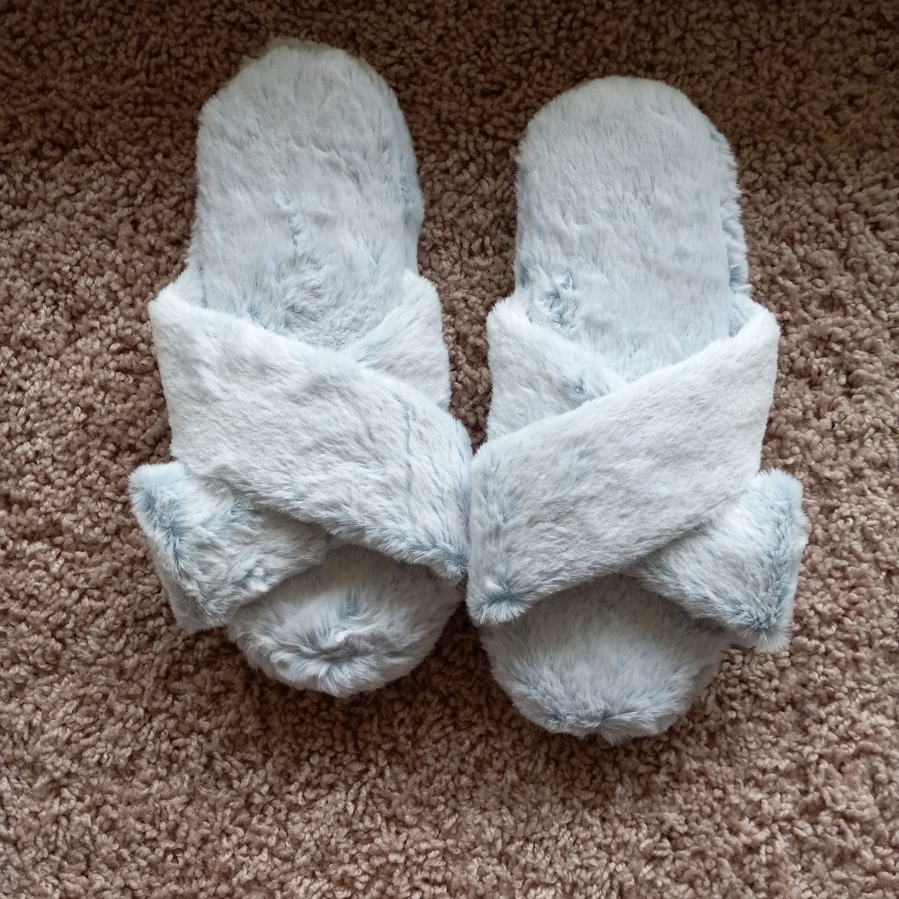 Light Blue Faux Fur Fuzzy Crossband Plush Slippers L (9-10)
